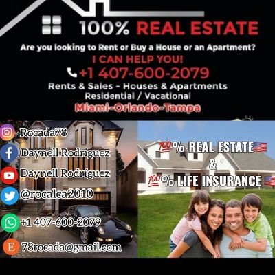 💯%REAL ESTATE &  💯% LIFE INSURANCE 🇺🇸
Rentas/ Ventas
Casas/Apartamentos
Residencial/Vacacional
MIAMI-ORLANDO-TAMPA.Fl
📞+1 407 600 2079
📧78rocada@gmail.com
