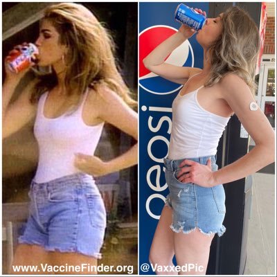 VaxxedPic is a challenge where people show off their vax shots by posting recreations of famous images, like this reshoot of the Cindy Crawford Pepsi ad.