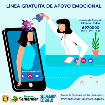 Linea gratuita de tele orientación 24 horas atendida por profesionales de psicología del departamento de Santander 6970000 Ext 114-1123