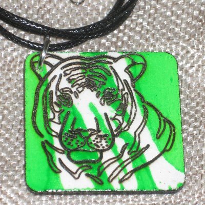 1.5 x 1.5 wooden pendant with burned artwork
very bright colors