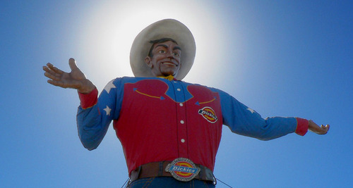 Everything is bigger in Texas and so is Big TEX. 52 foot tall, he wears a size 70 boot, 75 gallon Stetson & weighs 6,000 Pounds. Tex is sporting Dickey's gear