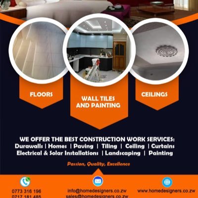 We offer the best in all construction works and Home designing ;brick work, plastering, skimming, ceilings, painting, tiling, bics, kitchen cupboards,etc