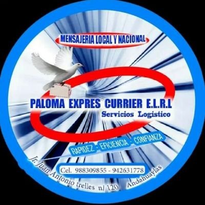 ExpressPaloma's profile picture. MENSAJERIA A NIVEL LOCAL Y NACIONAL ; OFICINAS  EN TODO EL PERU ; REALIZAMOS RECOGOS Y ENTREGA A DOMICILIO DE DOCUMENTOS Y OTROS
CONTACTOS: 988309855/ 942631778