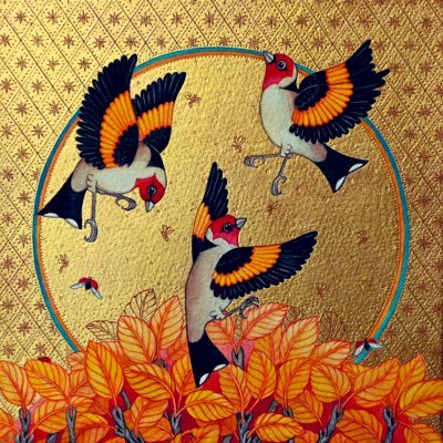 Contemporary artist. Paintings of birds and animals in jewel colours set in gold leaf.