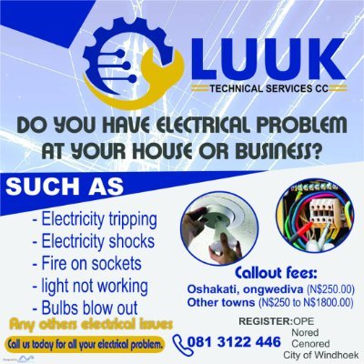 LuukServices's profile picture. Luuk Technical service is competent electrical contractors. Registered with:OPE, NORED, Cenored, City of Windhoek, wire men's license.