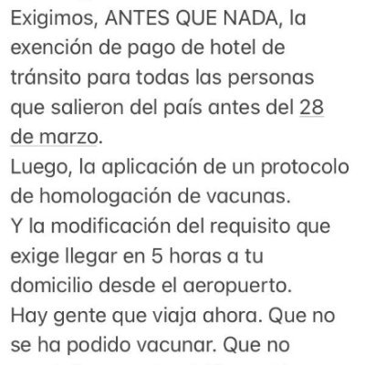 Grupo de chilen@s con el objetivo de lograr: 1- La exención de pago de hoteles de tránsito y 2- La homologación de vacunas obtenidas en el extranjero.