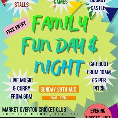 Our Family Fun Day @Marketovertoncc on the 29th Aug. Tickets for the main evening event are available from marketovertoncricket@gmail.com. FREE entry in the day