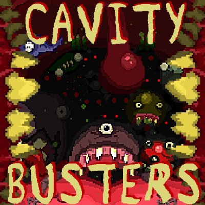 Cavity Busters is a roguelite toothpunk bullet-hell created by @spacemyfriend where you use your one and only tooth to chomp cavity infested enemies.