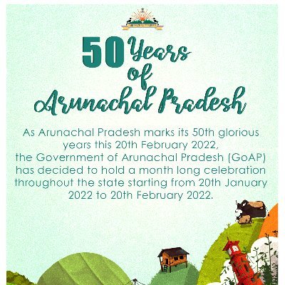 Official handle for Golden Jubilee Celebration of Arunachal Pradesh 2022.

#50YearsOfArunachalPradesh
