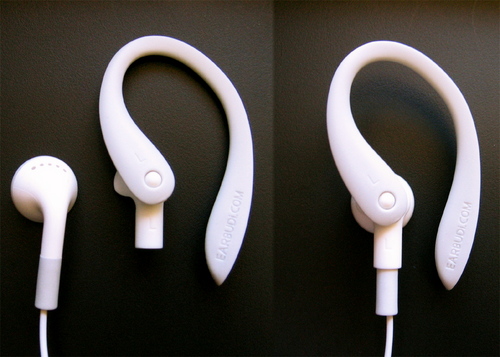 EARBUDi's™ snap on and off your Apple iPod® or iPhone® Earbuds - and turn them into Running Earbuds. Soft over the ear design with earbud tilt & rotation give.