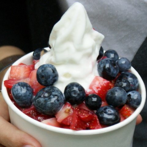 Frozen Yogurt and Belgian Street Waffles topped w Fresh Fruit. Yogurt is the best food on earth and a Krispy Kream O would blush if it met one of our Waffles.