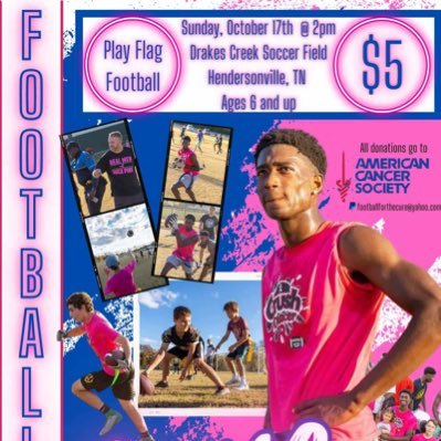 Fundraiser
Flag Football game to raise money for cancer awareness
Founded by Jameson Wharton
October 17th at Drakes Creek Park