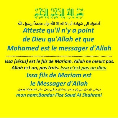 Atteste qu'il n'y a point de Dieu qu'Allah et que Mohamed est le messager d'Allah