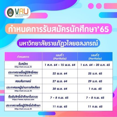 มหาวิทยาลัยราชภัฏวไลยอลงกรณ์ ในพระบรมราชูปถัมภ์ กำหนดรับสมัครนักศึกษาใหม่  ประจำปีการศึกษา 2565 เริ่ม 1 ต.ค. 2564 - 15 พ.ย. 2564