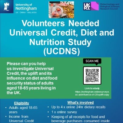 Study looking into income from Universal Credit and its influence on dietary choice,  micronutrient intakes and food security status of adults aged 18-65 years