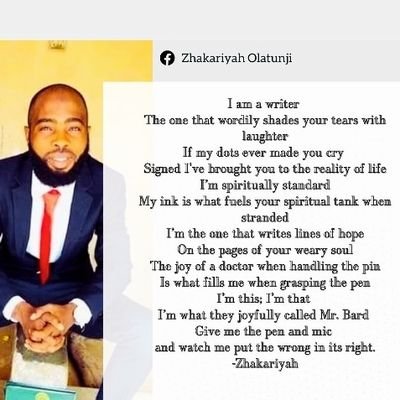 Zhakariyah1's profile picture. Writer, teacher, speaker, graphics designer, Poet......