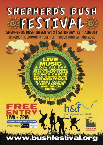 BushFestival's profile picture. Shepherd's Bush Festival is a one day fun, free community event organised by local people, for local people. Join us Sat 13th Aug 2011 on Shepherd's Bush Green.