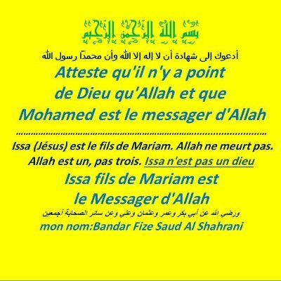 Atteste qu'il n'y a point de Dieu qu'Allah et que Mohamed est le messager d'Allah