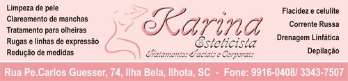 Karina Bianchessi – MEI Tecnologia  Estética e Cosmetologia
Tratamentos Faciais e Corporais com Eletroterapia e Cosmecêuticos de última geração.