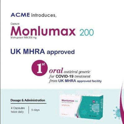 ACME's branded generic version of Molnupiravir will be marketed by Monlumax 200 (Molnupiravir 200 mg INN)
Developed by the US based pharma Merck & Ridgeback