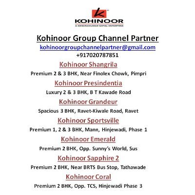 Kohinoor Group Channel Partner
kohinoorgroupchannelpartner@gmail.com
07020787851