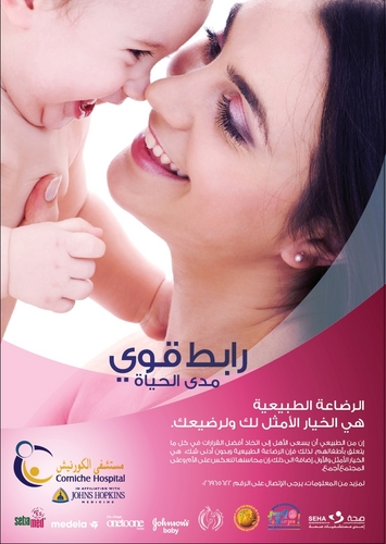 At Corniche Hospital, we deliver 8,000 babies/year and advocate exclusive breastfeeding for first 6 months of life; 75% of our mothers breastfeed exclusively.