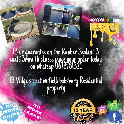 RubberBoksburg's profile picture. Rubber Sealant Boksburg

13 yr guarantee on the Rubber Sealant 3 coats 3mm thickness place your order today on whatsap 0678781325 or email bianca@rubbersealant.
