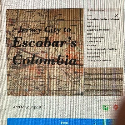 My memoir 'Jersey City to Escobar’s  Colombia’ Amazon, Barnes & Noble, Google play Apple I Tunes, eBay all major book outlets. 11 countries, 4 thousand media m.