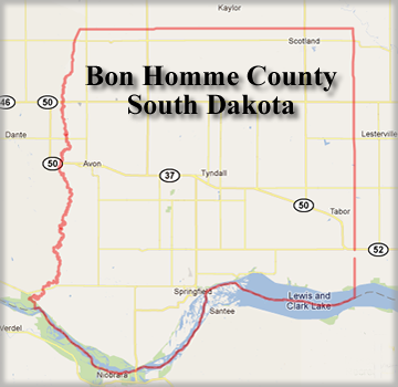 One of the first counties in South Dakota. Bon Homme County includes the towns of Avon, Scotland, Springfield, Tabor, and Tyndall. Tyndall is the county seat.