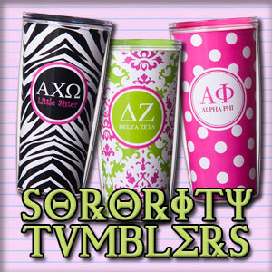 Buy Sorority Tumblers with Greek letters, colors, patterns, polka dots. Customized sorority tumblers for sorority moms, little sisters and big sisters.