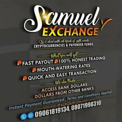 samuelt18956407's profile picture. Hello there! 

I'm SamXchange, a reliable exchanger who buys Payoneer funds, Fiverr withdrawal and Dollars from dorms at high rate and give fast payment.