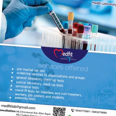 Our Services are provided Nationwide. We conveniently provide laboratory solutions to clients. Contact us through: 0549610730//0543775581 medfitlab@gmail.com