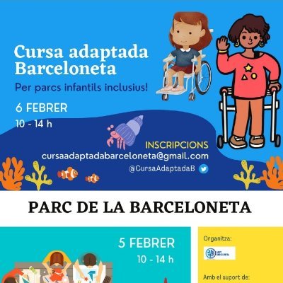 I Cursa Infantil Adaptada Barceloneta - Diumenge 6 febrer 2022 al Parc de la Barceloneta (costat passeig marítim).

📩 cursaadaptadabarceloneta@gmail.com