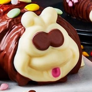 Friendly sponge roll cake filled with chocolate buttercream, covered in a chocolate shell, with sugar-coated beans he/cake. Nothing to do with Aldi.