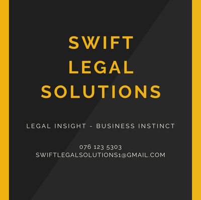 SWIFTLEGALSOLU1's profile picture. LEGAL INSIGHTS-BUSINESS INSTINCT 

South African Law
contact us on: swiftlegalsolutions1@gmail.com