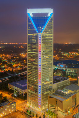 The Duke Energy Building in Charlotte NC. AKA Duke Energy, Duke Power, the Uptown V-Jay-Jay, Bottle-Opener or the Handlebar Top. I like to talk about my lights.