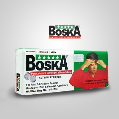 Boska is the Fast & Effective Relief for Headache, Fever and Body Pains. Marketed in Nigeria by Orange Drugs Limited