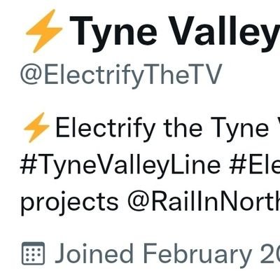 ⚡Electrify the Tyne Valley Line⚡

NR TDNS - Core Electrification

#TyneValleyLine #ElectrifyTyneValley

@RailInNorthumb1 @MPTDiversion @ElectrifyTheBT