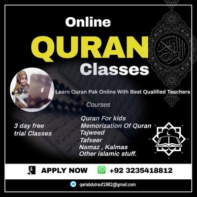 Assalam o Alaikum Brothers And Sisters
i,am Online Quran teacher Good news for Muslims living in America🇺🇸  Canada🇨🇦 Australia 🇦🇺 London🇦🇮 and  around t