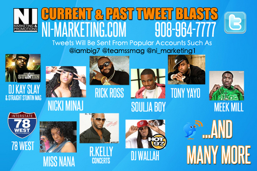 We tweet out your music to over 700,000 real fans! We work with DJ Kay Slay, Rick Ross, Events for Nicki Minaj ,2chainz, Meek Mill & Many more.