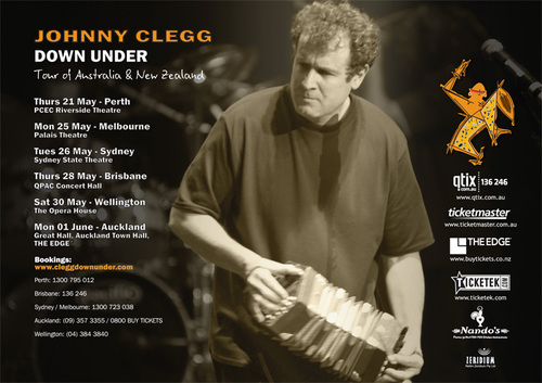 Billboard Music Award Winner and Grammy nominee, Johnny Clegg will tour Austrlia and New Zealand for the 1st time in over 3 years