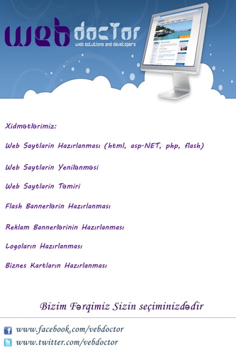 vebdoctor's profile picture. Bizimlə Əməkdaşlıq Etməyiniz üçün Səbəb:
 İnanılmaz xidmət sürəti: 1-4həftə arası
 Müştəri məmnuniyyəti
 24x7 texniki dəstək şöbəsi
 Saytın daim dinamik sax