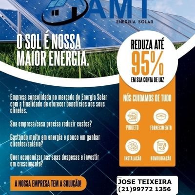 *ECONOMIZE ATE 95% EM SUA CONTA DE LUZ*

*Somos a AMT Energia Solar!* Deixe seu contato para realizarmos um projeto de *economia em energia de até 95%