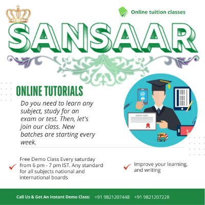 Sansaar Tutorials - Online tuition classes

Follow Us On
Instagram: @sansaar_tutorials
Facebook : Sansaar Tutorials
Tumblr : 1-sansaar-tutorials-1