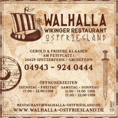 Walhalla Wikinger Restaurant Ostfriesland wurde am 17 Juli 2021 eröffnet.
Erlebe es selber und tauche ein in die Welt der Wikinger.
Met und deftige Speisen.