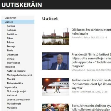 Uutiskeräin kerää 70 uutislähteestä uutisotsikot kuvilla ja ilman mainoksia - aiheina kotimaa, ulkomaat, talous, tekniikka, urheilu ja vapaa-aika.