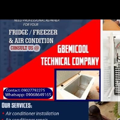 CEO GBEMICOOL TECHNICAL SERVICES
AC INSTALLATION
AC REPAIR
AC SERVICING
FRIDGE AND FREEZER REPAIR