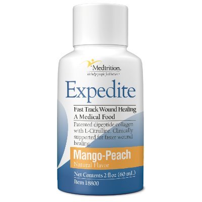 Expedite is a ready-to-drink, 2 ounce nutrition product to support wound healing with L-citrulline and collagen dipeptides.