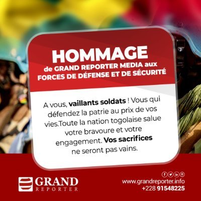 Grand Reporter Togo est un média digital d'informations générales sur l'actualité togolaise 🇹🇬 et Africaine. 
Contact : 91548225