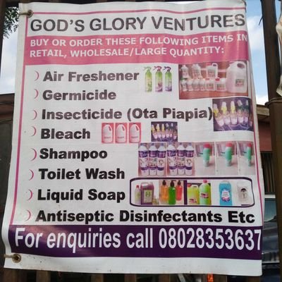 I sell cleaning materials like bleach, tiles wash, antiseptic,germicide, insecticide air freshener e.t.c in retail and wholesale quality at affordable prices